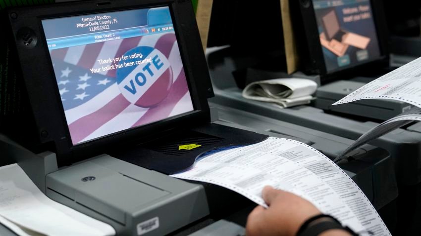 FILE - Employees test voting equipment at the Miami-Dade County Elections Department, Oct. 19, 2022, in Miami, in advance of the 2022 midterm elections on November 8. Top U.S. election security officials say protecting the nation's voting systems has become increasingly more challenging. That's due mostly to the embrace by millions of Americans of unfounded conspiracy theories and false claims about widespread fraud in the 2020 presidential race. (AP Photo/Lynne Sladky, File)