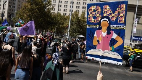 Petorca protesters demonstrate against the water crisis that affects the town, as well as to commemorate International Women's Day, in Santiago, Chile, 08 March 2022.