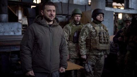 President Zelenskiy visits Ukrainian service members at their position in the frontline town of Bakhmut.