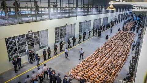 A group of detainees are moved to a new prison in El Salvador.