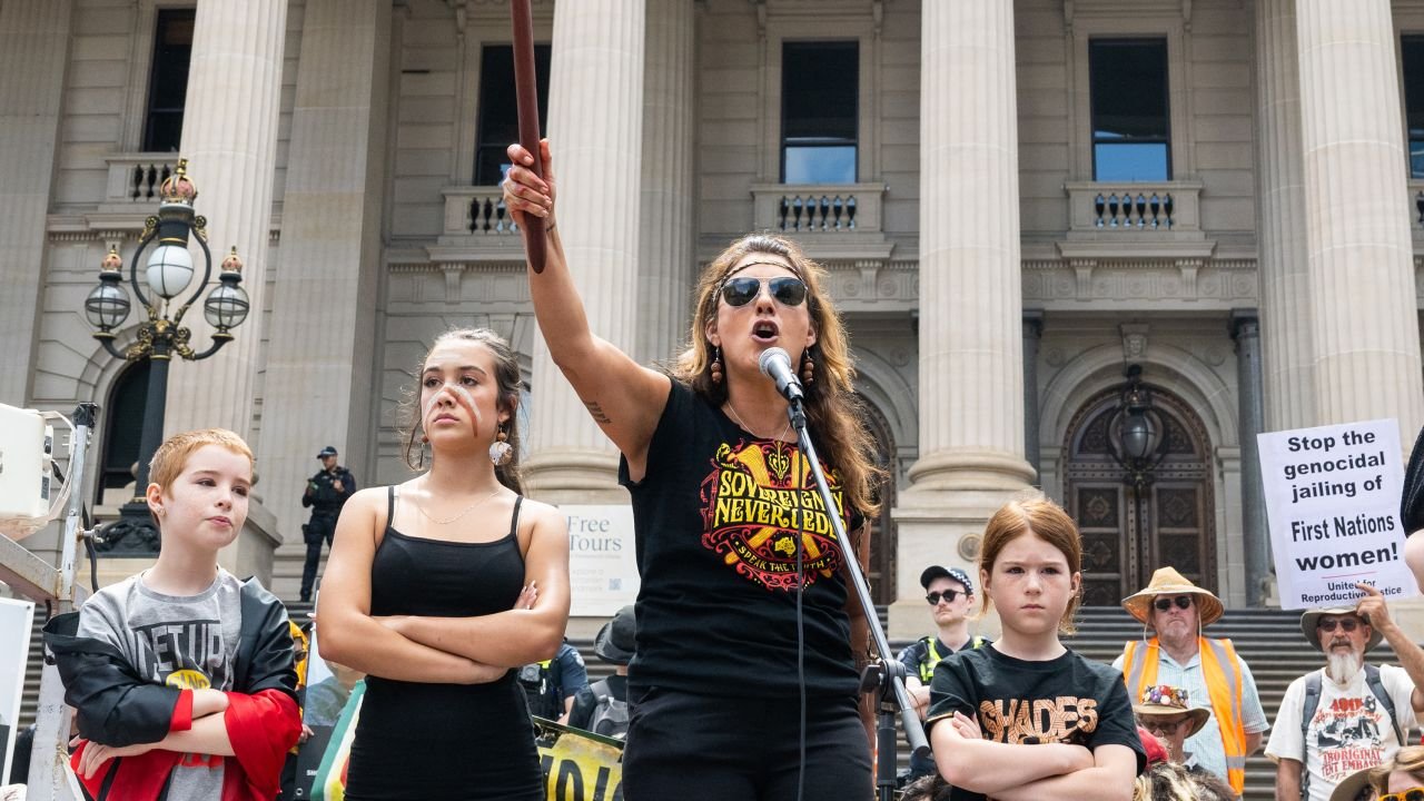 A Treaty Before Voice protest held on January 26, 2023 in Melbourne, Australia.