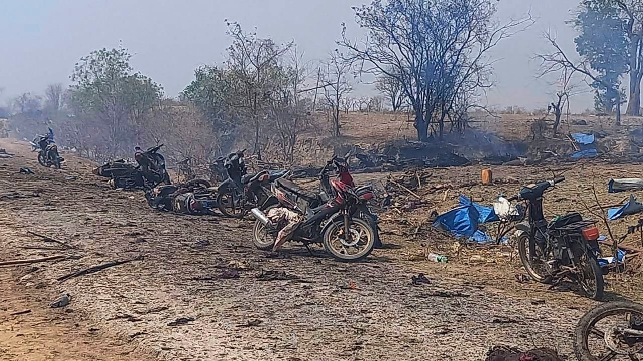 This photo provided by the Kyunhla Activists Group shows the aftermath of an airstrike in Pazigyi village in Sagaing region's Kanbalu township, Myanmar, on April 11.