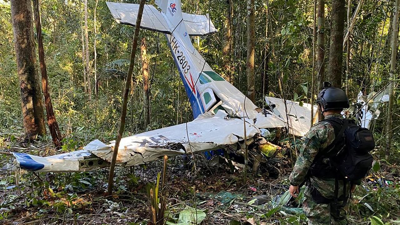 The Cessna 206 plane wreckage that killed the four children's mother after it crashed in the jungles of Caqueta in Colombia.