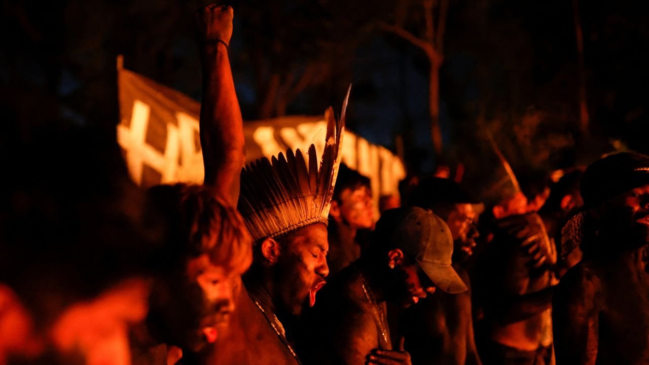 Indigenous people block the Bandeirantes highway in Sao Paulo on May 30, 2023.