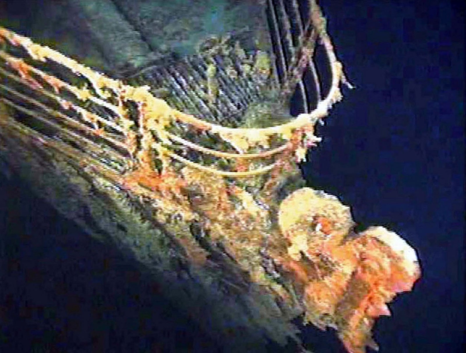 The port bow railing of the Titanic lies in 12,600 feet of water about 400 miles east of Nova Scotia as photographed as part of a joint scientific and recovery expedition sponsored by the Discovery Channel and RMS Titantic.