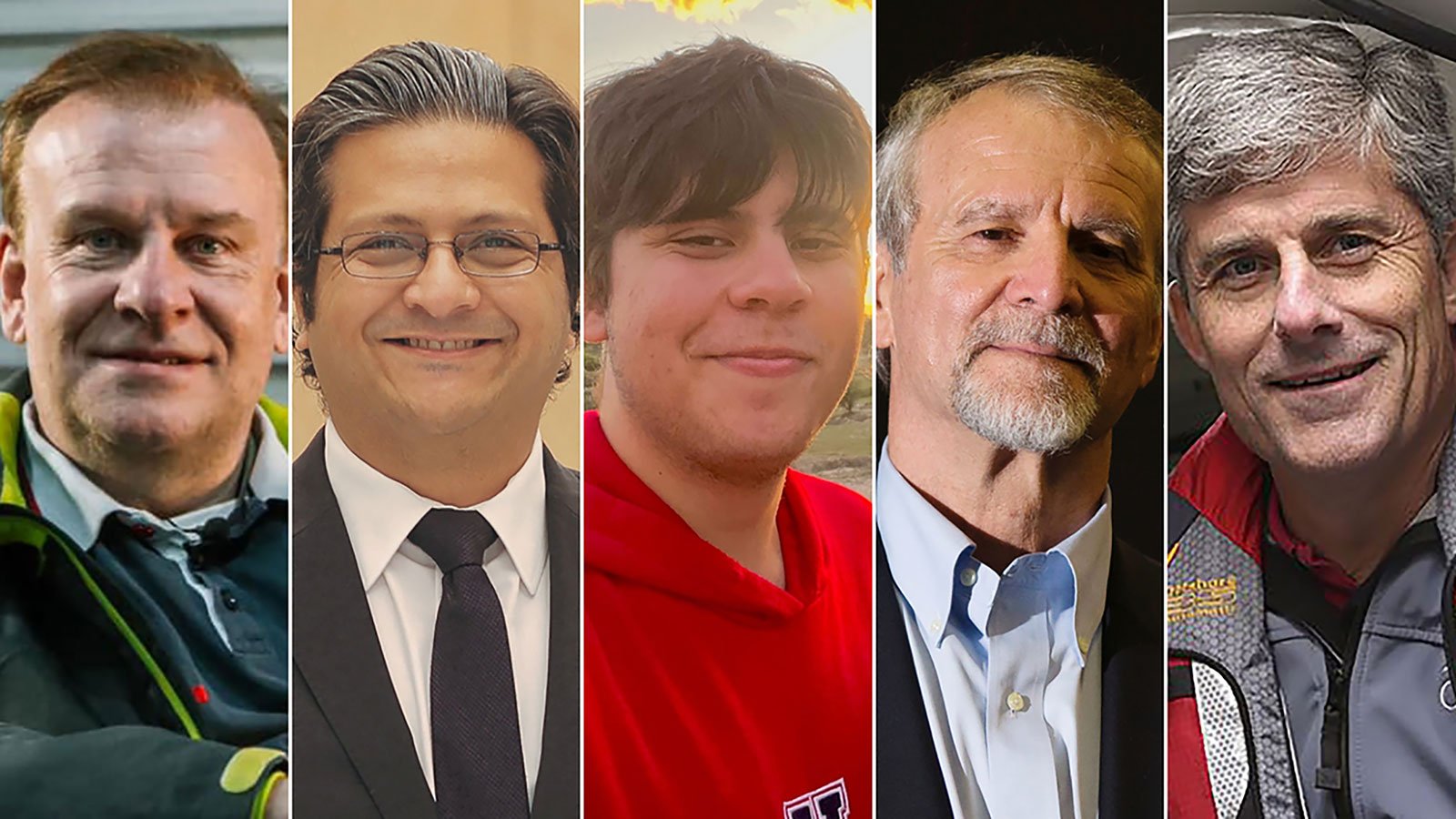 From left, Hamish Harding, Shahzada Dawood, Suleman Dawood, Paul-Henri Nargeolet and Stockton Rush.