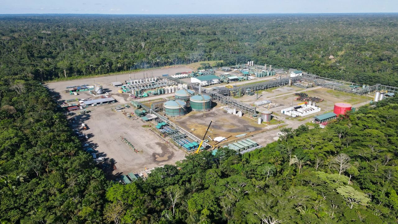 Aerial picture of the Tiputini Processing Center of state-owned Petroecuador in Yasuni National Park, June 21, 2023.