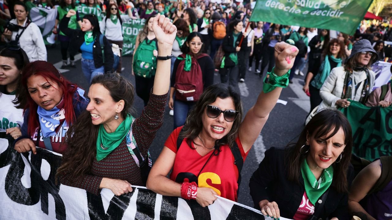 Women from feminist organizations take part in a march in defense of legal abortion in Buenos Aires, on September 28, 2023.