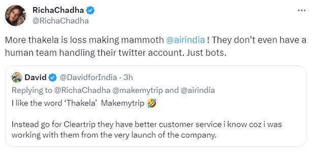 Richa Chadha calls MakeMyTrip and Air India “Scamsters”; says, “I hope your companies endure more losses”